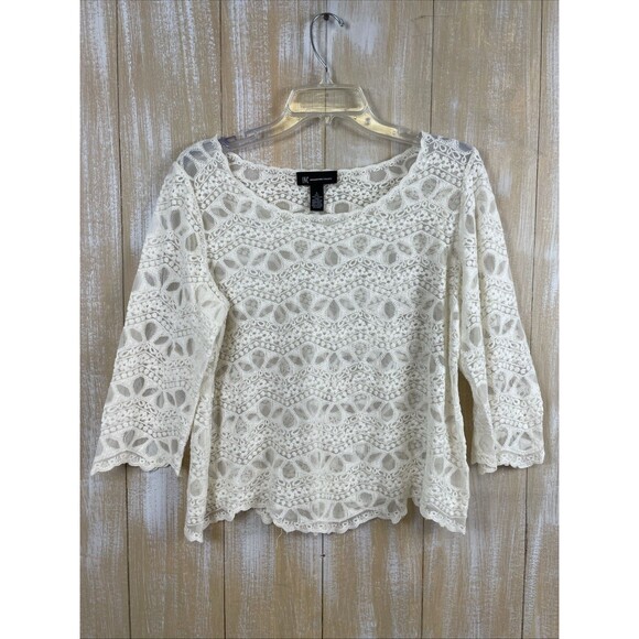 INC International Concepts Tops - INC Ivory Lace Crochet Sheer Top Women's L 3/4 Sleeve *No Lining